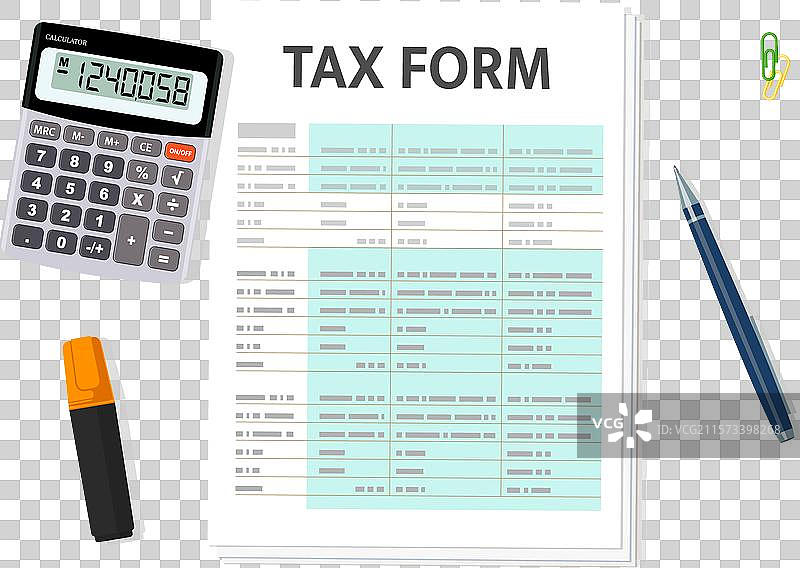 税务表格纸质文件与计算器和钢笔图片素材