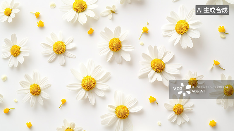 【AI数字艺术】洋甘菊俯视图：金黄花粉与散落花瓣的诗意极简设计图片素材