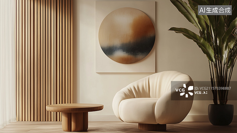 【AI数字艺术】奶油色雕花扶手椅与抽象艺术的温馨休息室图片素材