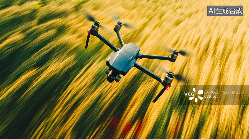 【AI数字艺术】金色麦田上方飞行的无人机图片素材