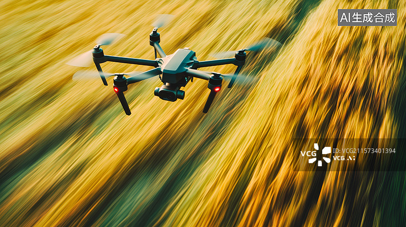 【AI数字艺术】金色麦田上方飞行的无人机图片素材