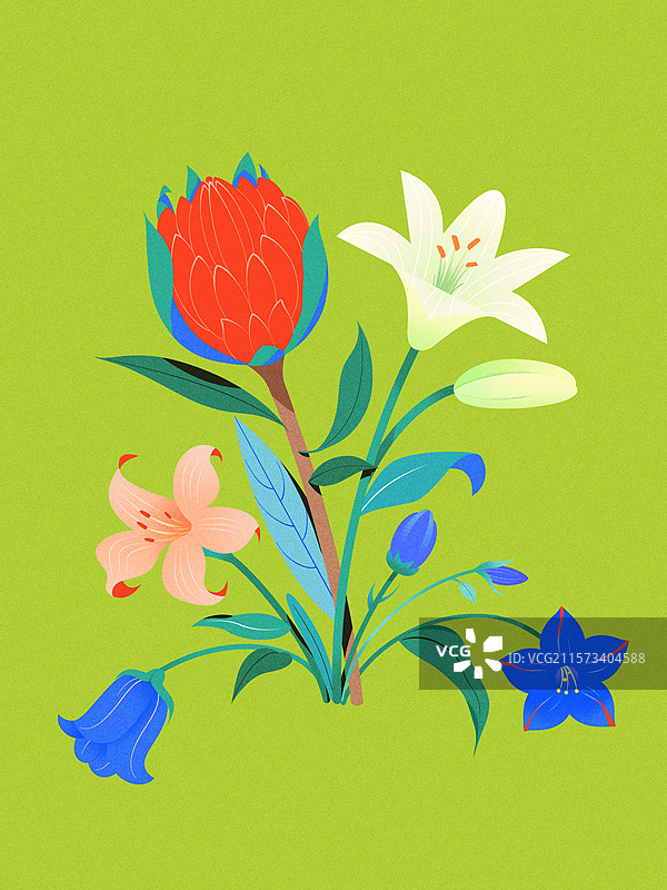 绿色背景高饱和鲜花组合插花插画图片素材