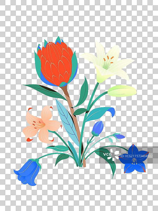鲜花花簇帝王花百合风铃草组合元素插画图片素材