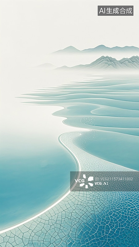 【AI数字艺术】一个隆起的带弧度的地平线，浅青色陶瓷，远处是朦胧的颜色浅淡的山水图景图片素材