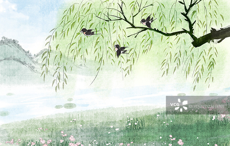 手绘水墨春天山水风景绿色小清新背景插画图片素材