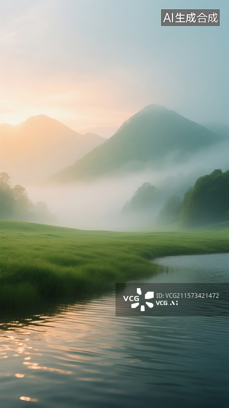 【AI数字艺术】风景大片，长焦镜头，高清画质，绿色草地，雾气缭绕图片素材