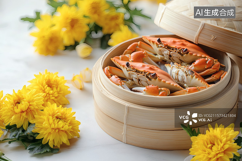 【AI数字艺术】菊花，蒸笼中蒸熟的梭子蟹图片素材