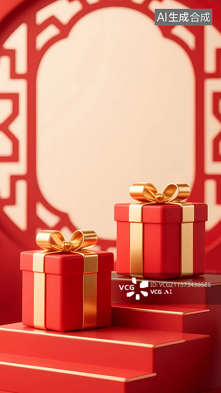 【AI数字艺术】红色礼物盒与产品展台图片素材