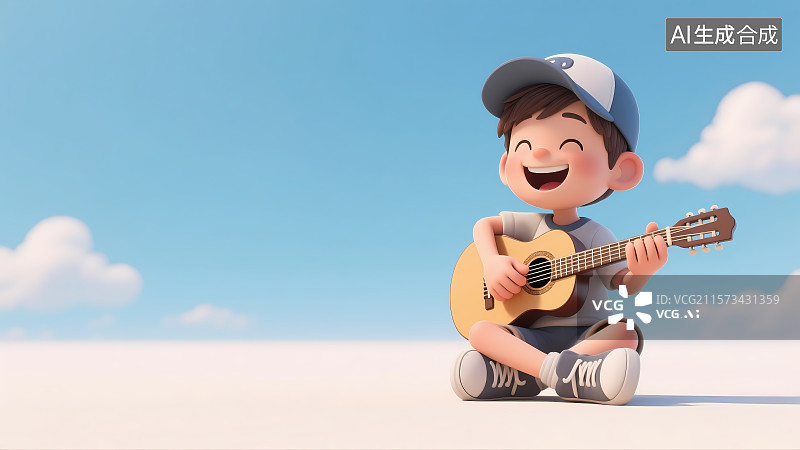 【AI数字艺术】坐着弹吉他唱歌的男孩卡通插画图片素材