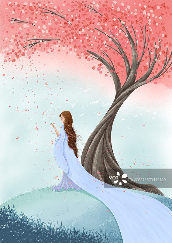 穿着紫色长衫的女孩，站在粉色花树下图片素材