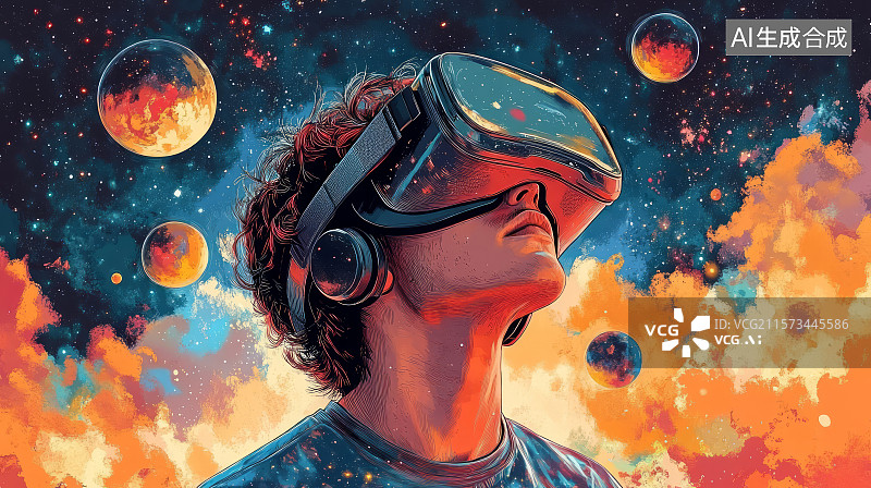 【AI数字艺术】戴着VR眼镜的少年探索太空宇宙，虚拟现实主题插画图片素材