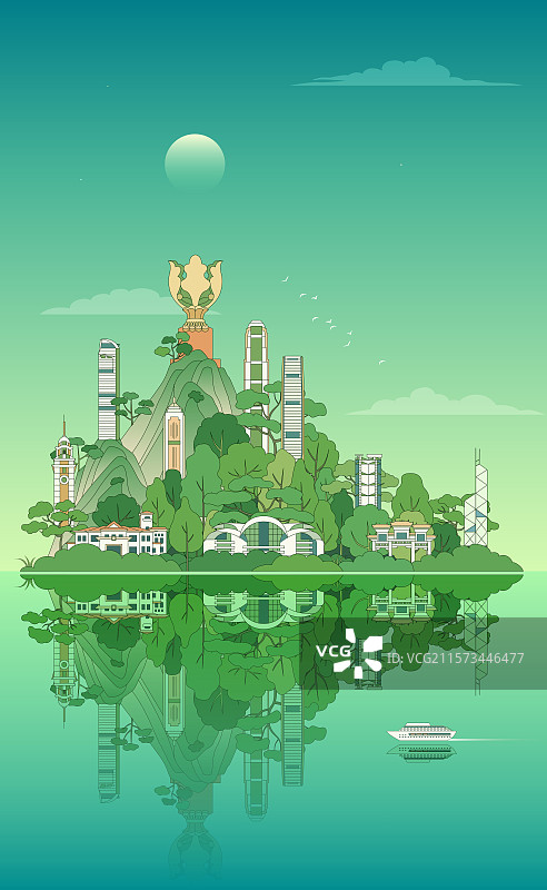 香港城市地标风景描边矢量插画图片素材