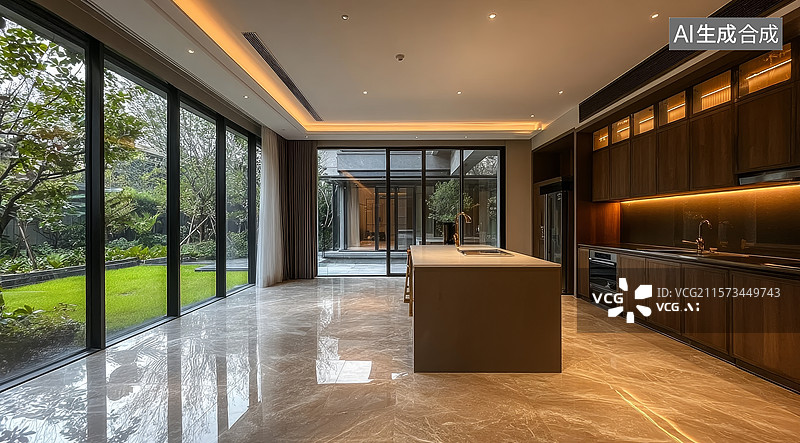 【AI数字艺术】现代厨房与客厅开放式设计图片素材