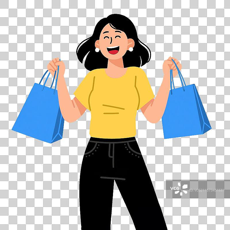 黄色上衣短发女人双手提篮色购物袋开心大笑半身像正面扁平插画素材图片素材