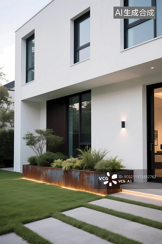 【AI数字艺术】现代私家别墅和绿化带图片素材