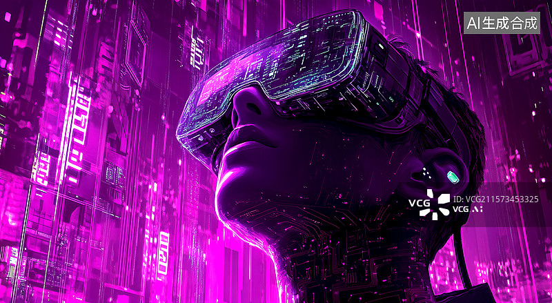 【AI数字艺术】【AI数字艺术】戴着智能眼镜沉浸在虚拟世界的赛博世界的年轻人图片素材
