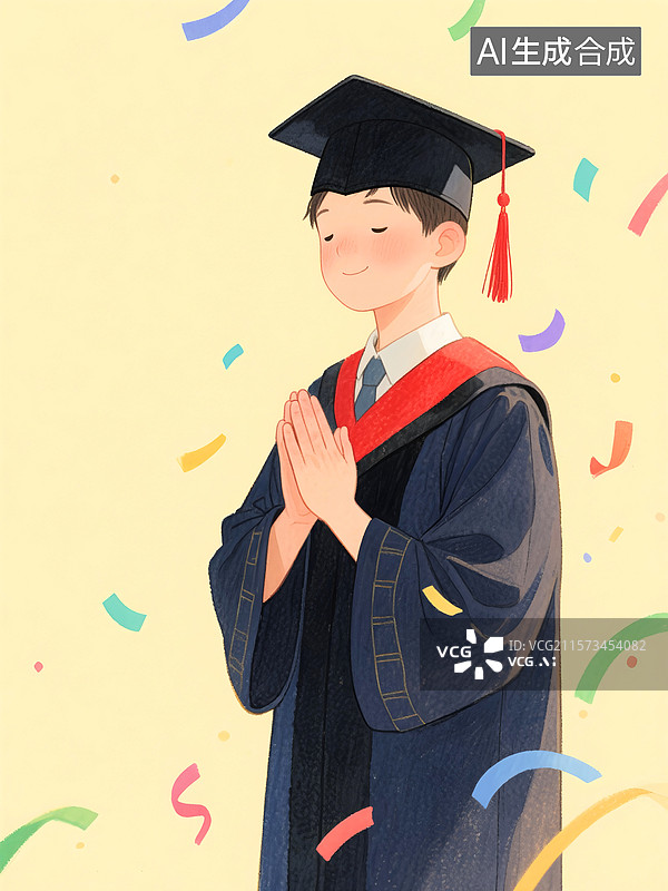 【AI数字艺术】五彩纸屑在空中飞舞，戴着学位帽，身穿毕业礼服的男生，双手合十在感恩祝福许愿图片素材