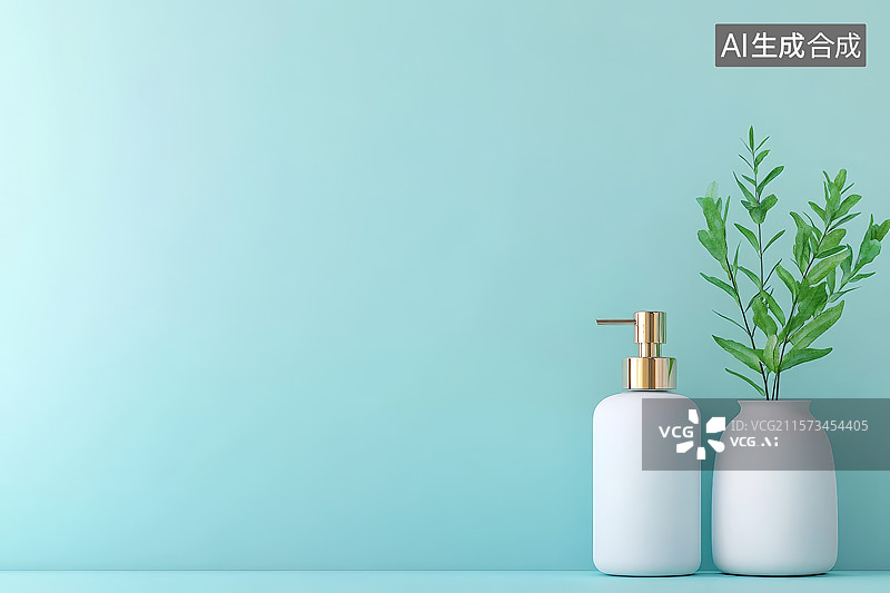 【AI数字艺术】简约蓝墙上的白色瓶与绿植图片素材