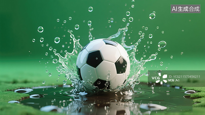 【AI数字艺术】动感3D足球溅入水中特写高速抽象商业背景空中凝固的水滴和颗粒创意体育插画世界杯绿色背景图片素材