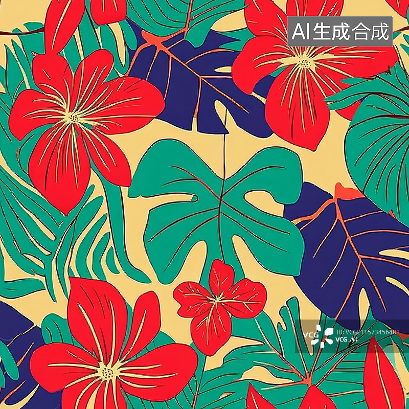 【AI数字艺术】热带花卉与绿叶的无缝图案设计图片素材
