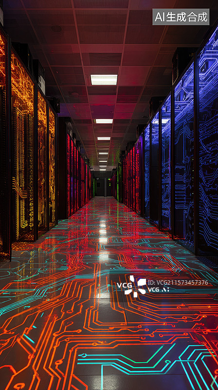 【AI数字艺术】未来数据中心可视化点云技术艺术服务器和区块链网络的抽象商业背景新质生产力发光数据流创新新型数据存储图片素材