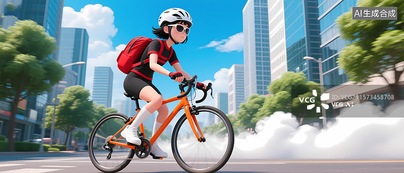 【AI数字艺术】3D人物骑车穿梭城市高楼图片素材