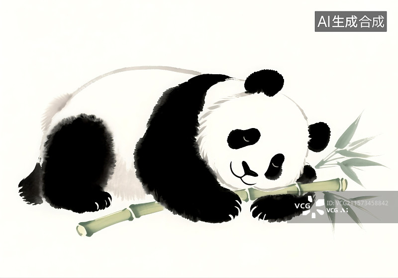 【AI数字艺术】抱着竹子睡觉的熊猫中式插画图片素材