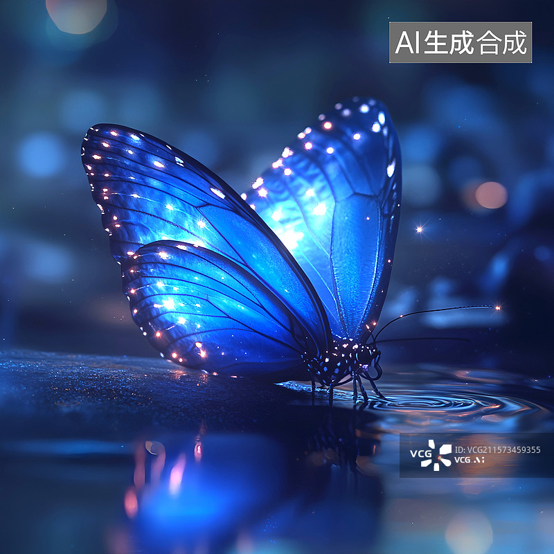 【AI数字艺术】【AI数字艺术】蓝金科技粒子发光蝴蝶在水边倒影图片素材