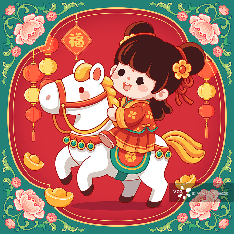 Q版骑白马的中国娃娃卡通图片素材