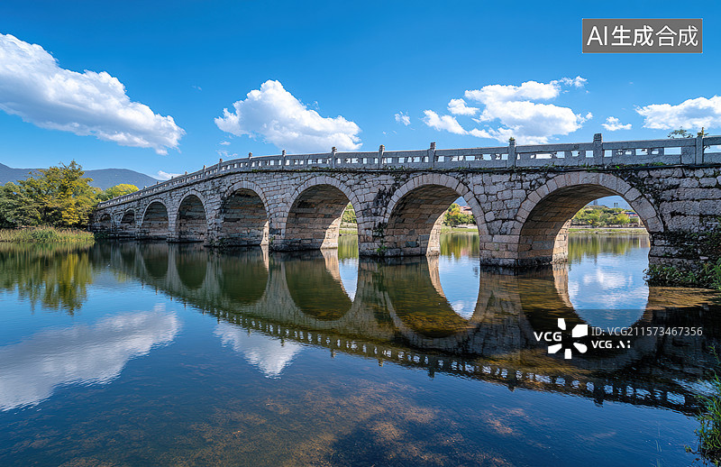 【AI数字艺术】古桥映水蓝天白云图片素材