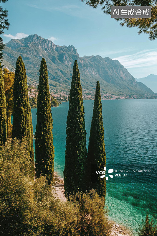 【AI数字艺术】湖畔松林美景图片素材