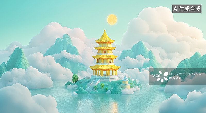 【AI数字艺术】云端古塔仙境图片素材