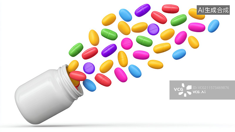 【AI数字艺术】彩色药丸从药瓶中飞出图片素材