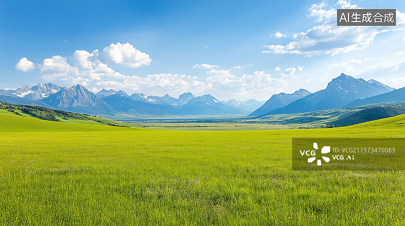 【AI数字艺术】翠绿草原与巍峨雪山图片素材