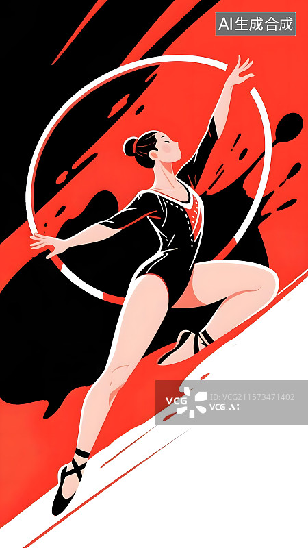 【AI数字艺术】奥运会运动会女子体操竖版红黑配色扁平人物插画图片素材