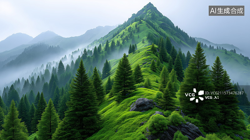 【AI数字艺术】青山绿树与薄雾缭绕的山峰图片素材