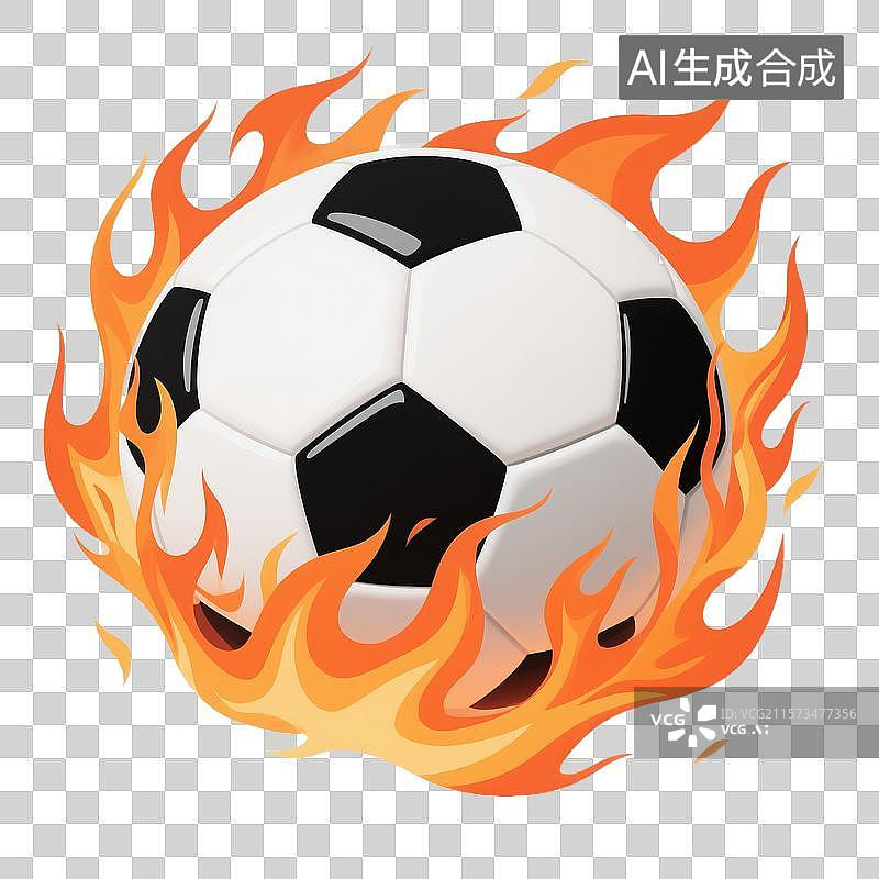 【AI数字艺术】扁平插画风格下火焰环绕的黑白足球运动图像图片素材