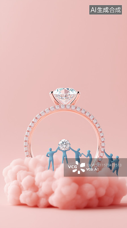 【AI数字艺术】微缩小人制作钻石项链戒指珠宝爱情情人节的移轴微缩创意场景图片素材