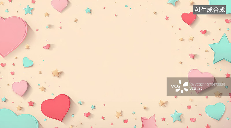 【AI数字艺术】彩色心形与星星点缀的温馨背景图片素材