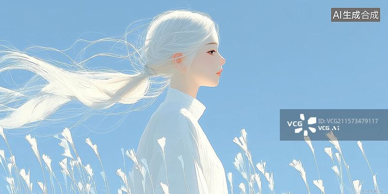 【AI数字艺术】白发少女在风中田野图片素材