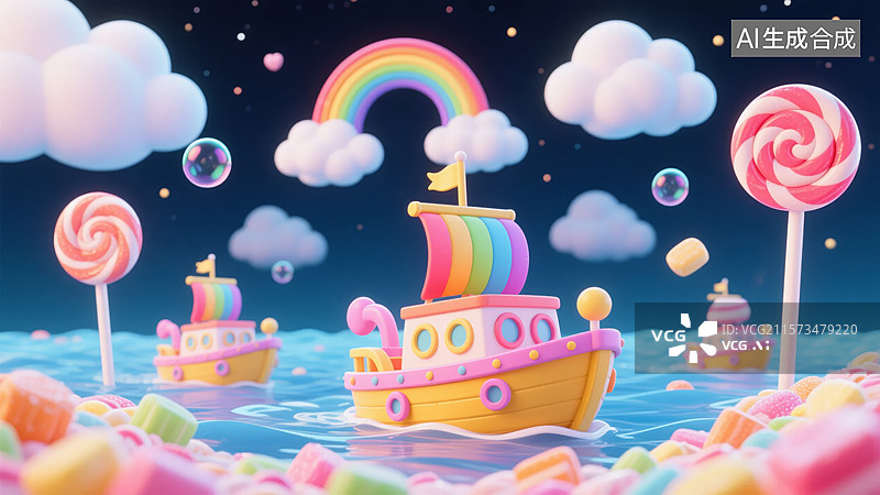 【AI数字艺术】糖果海洋中的彩虹帆船图片素材