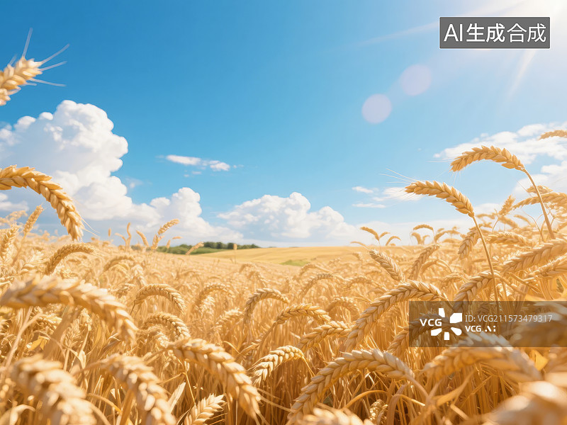 【AI数字艺术】金黄麦田在晴空下闪耀图片素材