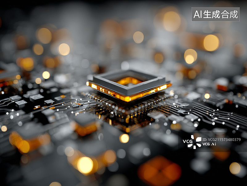 【AI数字艺术】金色芯片嵌入复杂电路中的光能释放图片素材