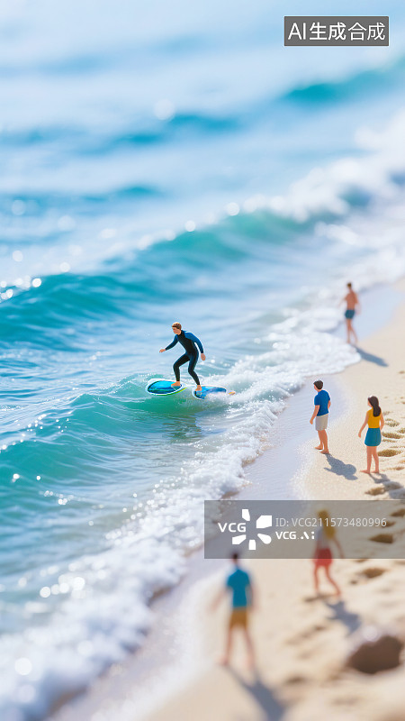 【AI数字艺术】夏季冲浪运动创意场景墨镜冲浪板同构设计移轴拍摄风格微缩模型景观 海岸线海滩沙滩人群享受假日度假休闲图片素材