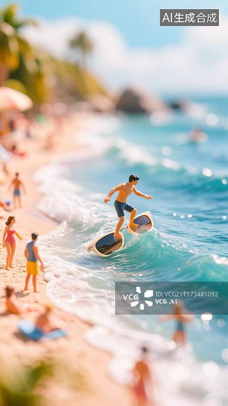 【AI数字艺术】夏季冲浪运动创意场景墨镜冲浪板同构设计移轴拍摄风格微缩模型景观 海岸线海滩沙滩人群享受假日度假休闲图片素材