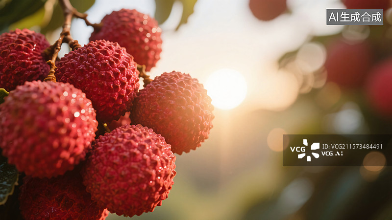 【AI数字艺术】清晨阳光下的鲜红荔枝图片素材