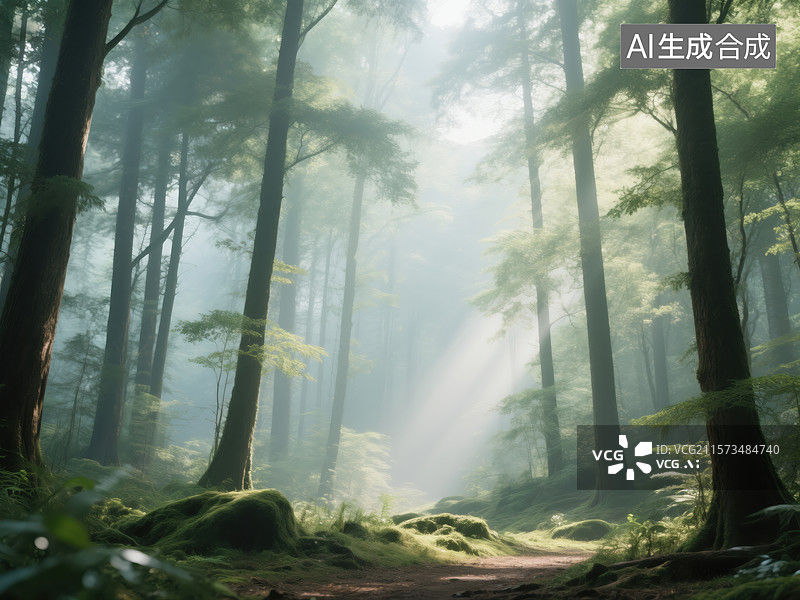 【AI数字艺术】雾林晨辉：阳光穿林的静谧之境图片素材