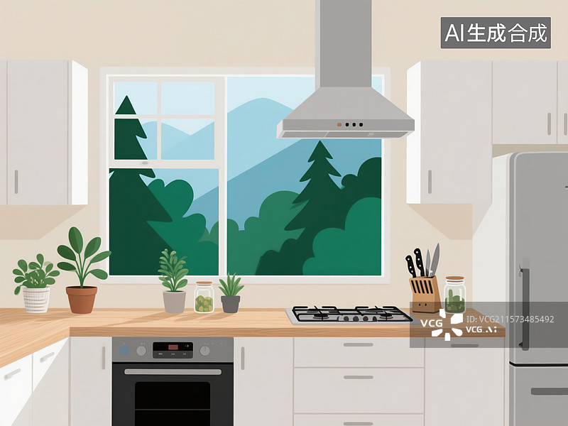 【AI数字艺术】窗畔森景：简约厨房的治愈日常图片素材