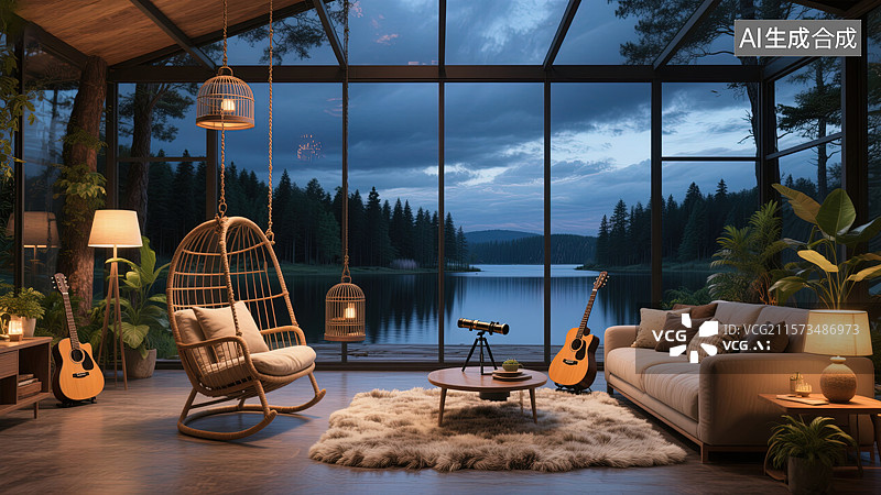 【AI数字艺术】湖畔小屋的静谧之夜图片素材