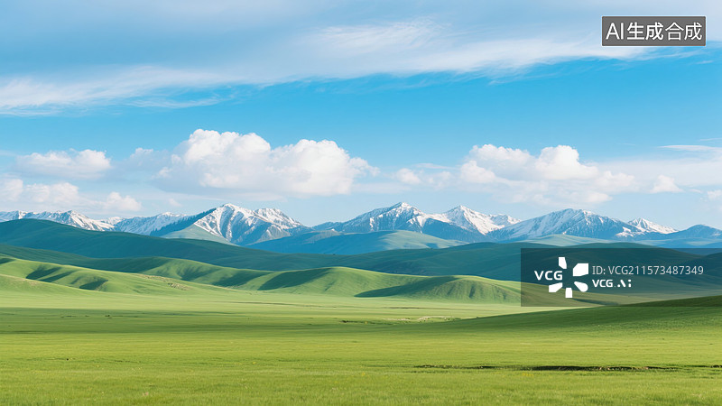 【AI数字艺术】雪山下的绿色牧场图片素材